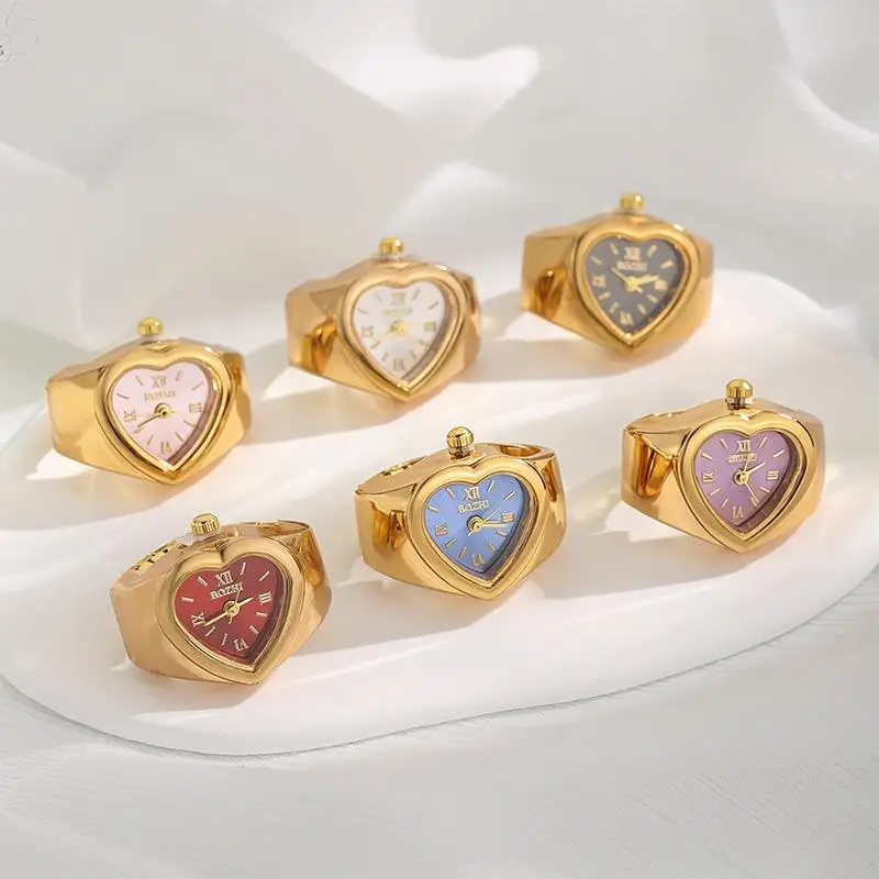 Small Size Heart Shape Alloy Ring Watch Elastic Strap Stainless Steel Quartz Movement for Women with Slim Fingers