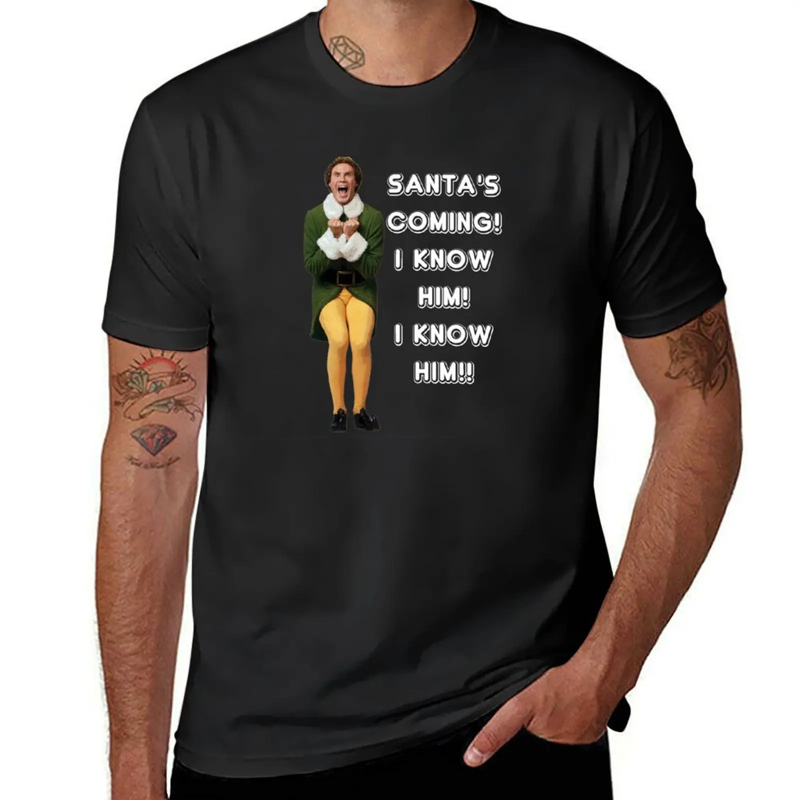 SANTA'S COMING! I KNOW HIM! Elf The Movie Will Ferrell Buddy Christmas T-Shirt tops funnys t shirt for men