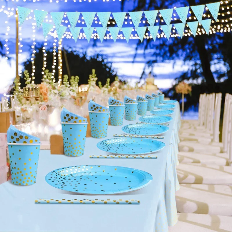 127 Pack Party Tableware Set Serve 25 Party Supplies Blue Bronzing Foil Paper Plates Napkins Cups Straws Table Linen Set