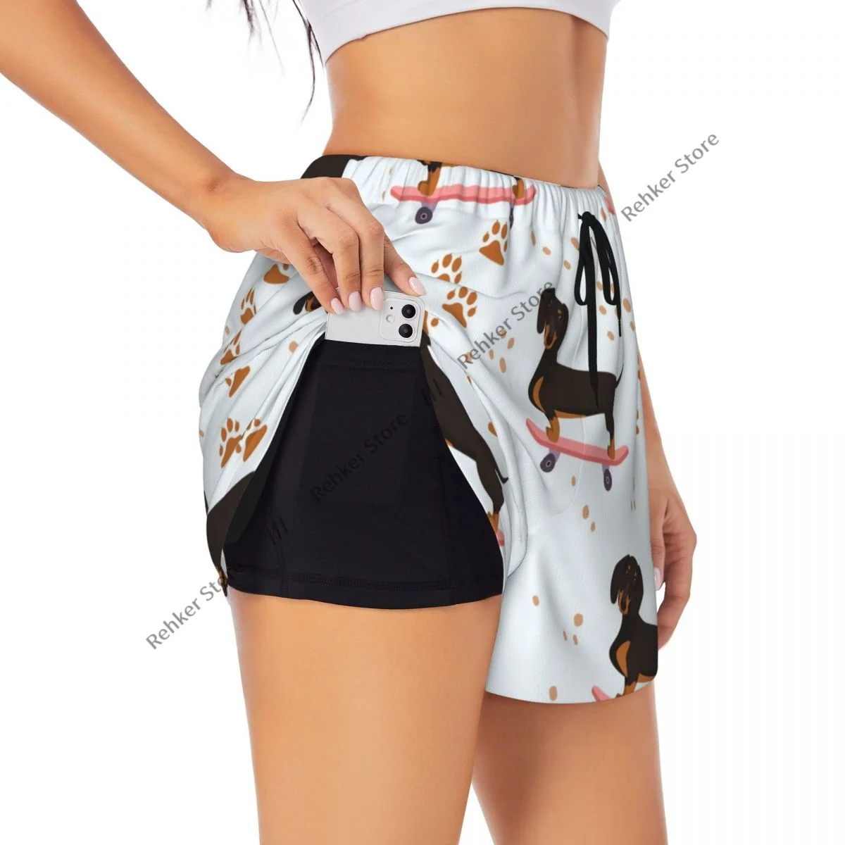 Engraçado dachshund no skate feminino dupla camada de secagem rápida shorts atléticos para lazer ao ar livre correndo fitness treino esporte