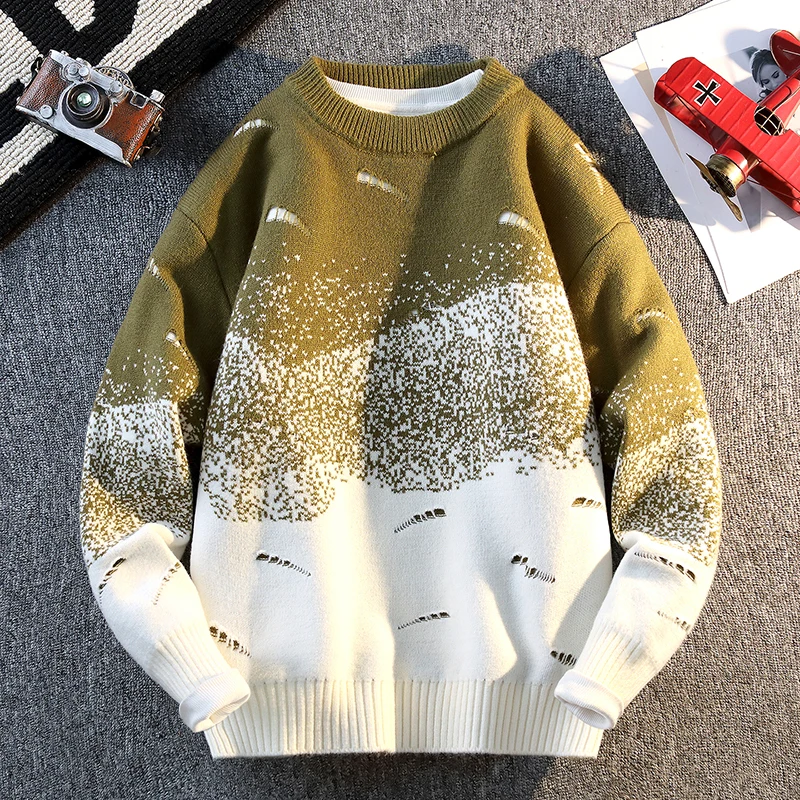 Ombre Gradient Knit Sweater – Distressed Crewneck Pullover for Men