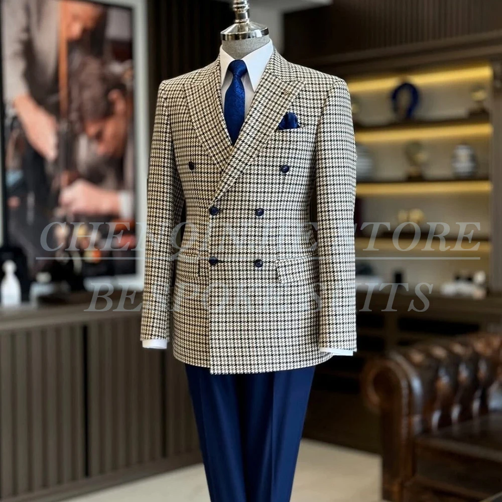 

Fashion Double Breasted Peak Lapel Men's Suits Luxury Regular Length Blazer High Quality 2 Piece Jacket Pants Daily Full Sets