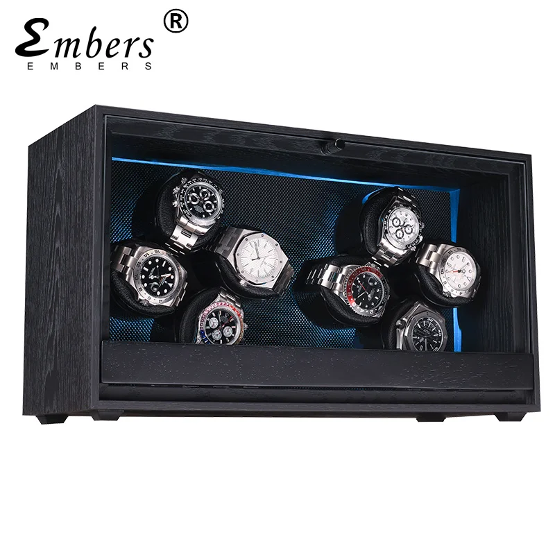 Embers Watch Winder 4 8 12 فتحات من الخشب الأسود الحبوب صندوق تخزين الساعات الأوتوماتيكية محرك Mabuchi مع ضوء RGB