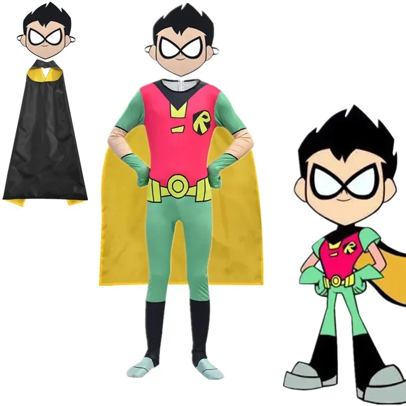 New 2025 Halloween Costumes for Kids T-Teen T-Titans Go Robin Cosplay Boys Girls Bodysuit cloak Cartoon Superhero Carniva wat158
