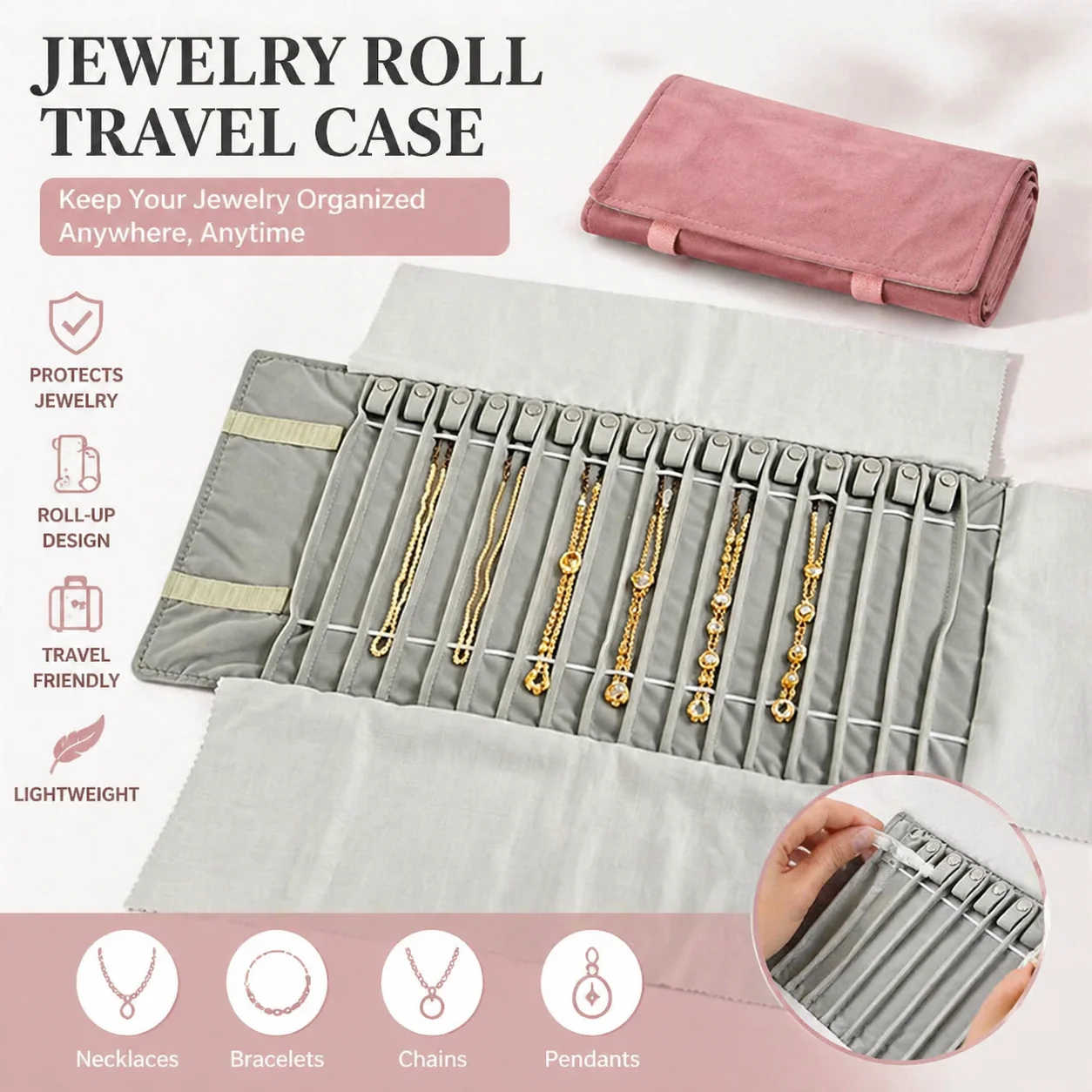 Travel Jewelry Roll - Foldable Plush Case for Necklace Bracelet Pendant - Portable Lightweight Storage Bag