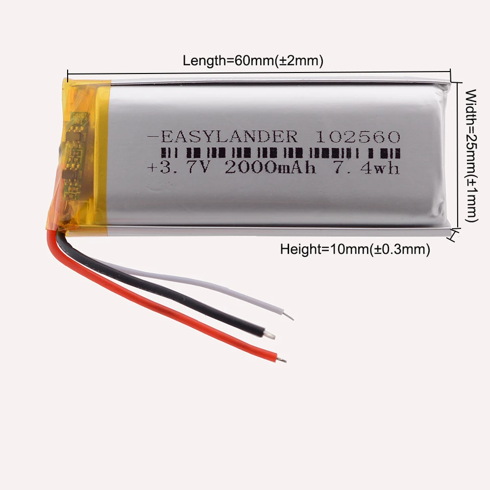3 أسلاك 102560 402560 502560 702560 602560 802560 3.7 فولت 2000 مللي أمبير بطارية ليثيوم أيون بوليمر ليبو قابلة للشحن