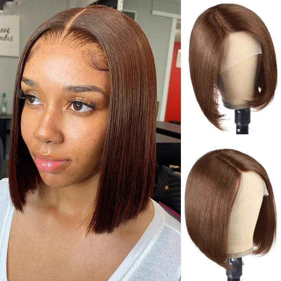 Brown Bob Wig Human Hair 13X4 Straight Bob Wigs Pre Plucked With Baby Hair Transparent Chocolate Brown #4 Bob Wigs