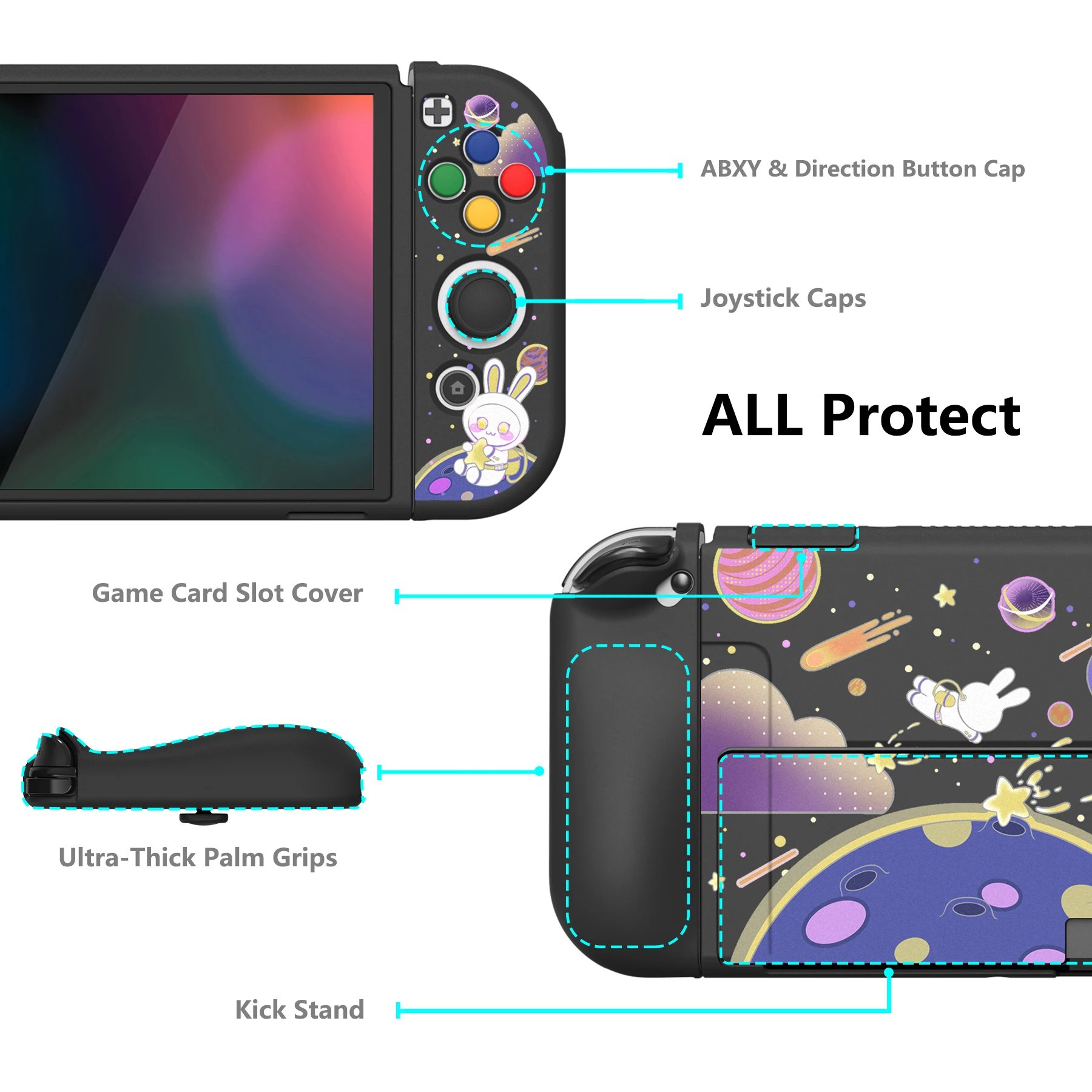 PlayVital ZealProtect Soft Protective Case for Nintendo Switch OLED Protector W/ Thumb Grips - Space Cat Adventure
