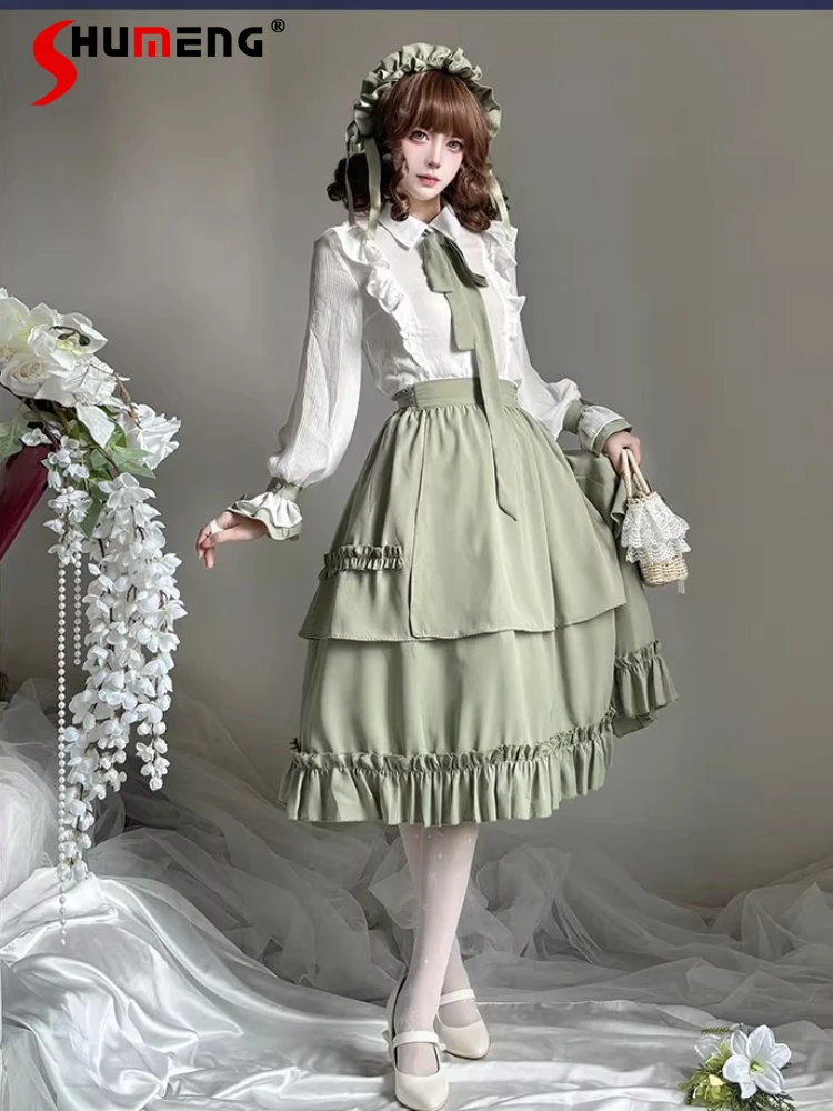 

Original Elegant Retro Preppy Style Polo Collar Long Sleeve Shirt Top High Waist Ruffled Splicing Long Skirt Two-piece Set Women