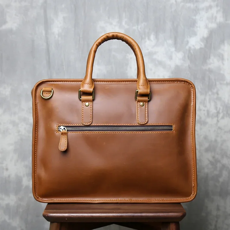 حقيبة يد من جلد البقر بطبقة الرأس للرجال مصنوعة يدويًا من الجلد الطبيعي حقيبة أعمال غير رسمية بكتف واحد حقيبة كمبيوتر كروس #4