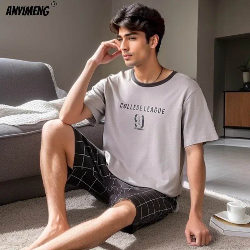 L-4XL Mens Sleepwear Summer Cotton Short Sleeves Pajamas Set Casual Loungewear for Man Pullover Leisure Pijamas Man Nightwear