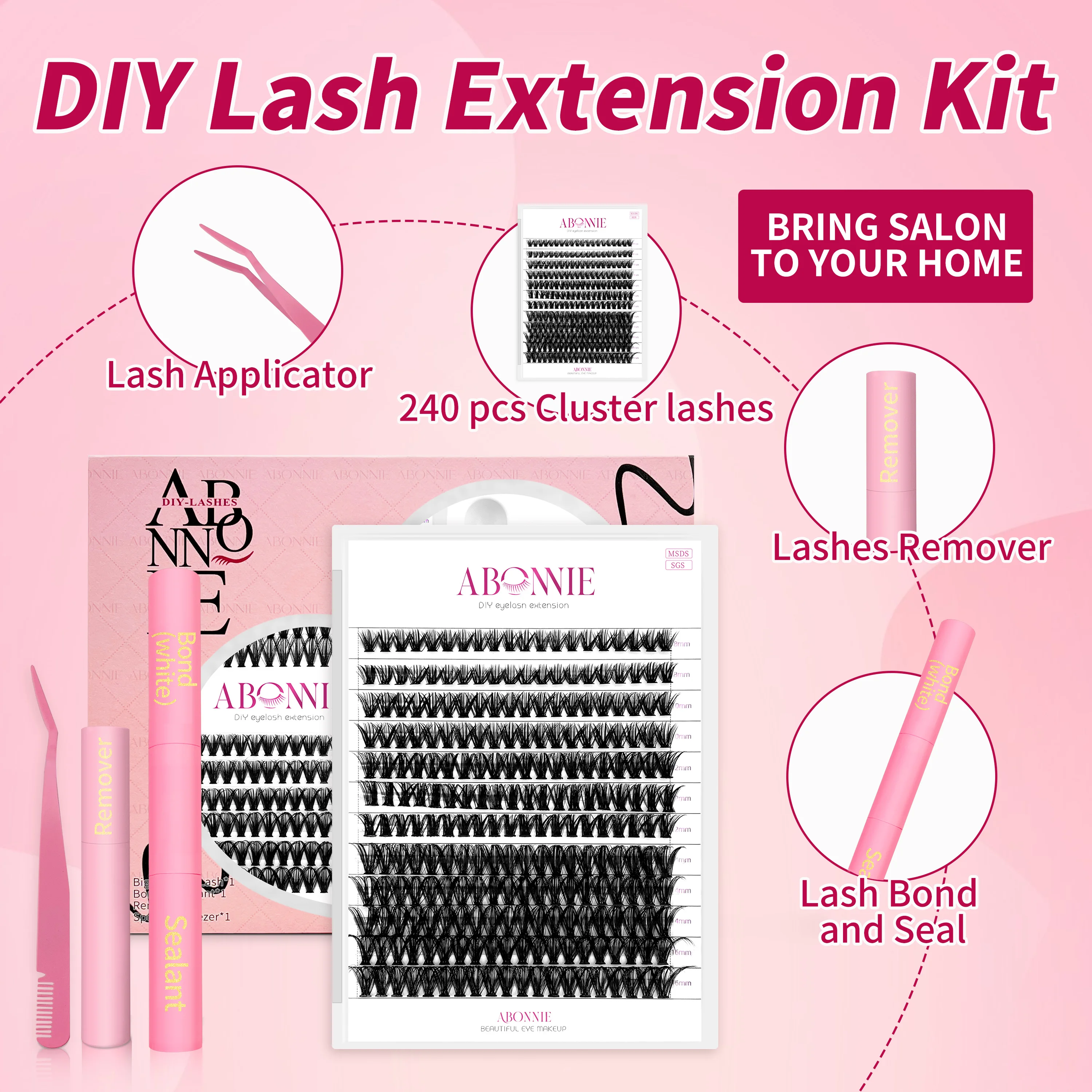 Abonnie-DIY Lash Extensões Kit, Cílios Cluster Individuais, Wispy Cílios Falsos Conjunto Cluster