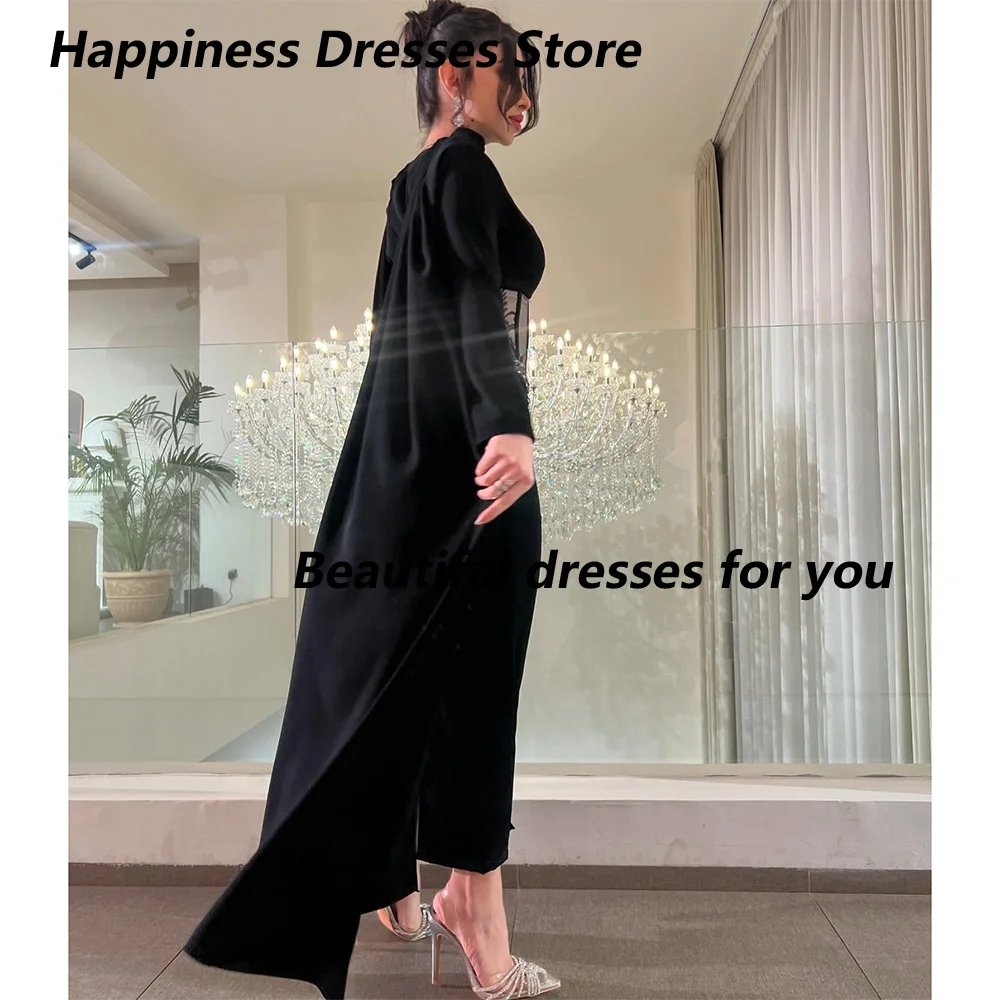 Czarne Sukienki Wieczorowe Damskie Długi Rękaw Kryształowe Koraliki Syrena Długość Do Herbaty Suknia Balowa Midi Sukienki Formalne na Przyjęcia Szyte na Miarę