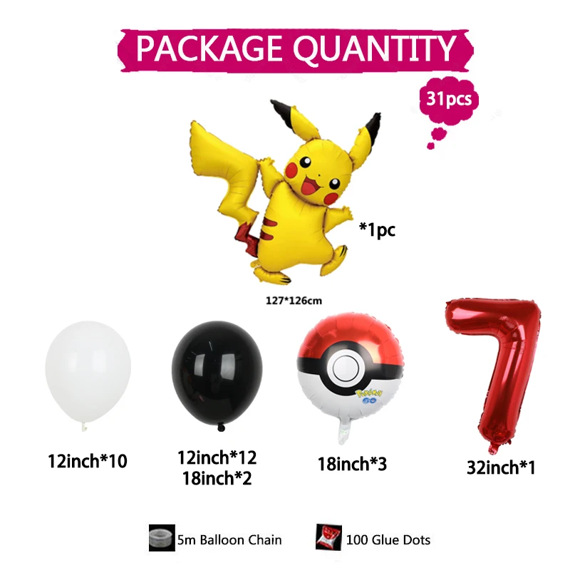 31pcs Pokemon Themed Black White Balloon Arch Set Large Pikachu Red Number Foil Ball Kids Birthday Party Decoration Supplies