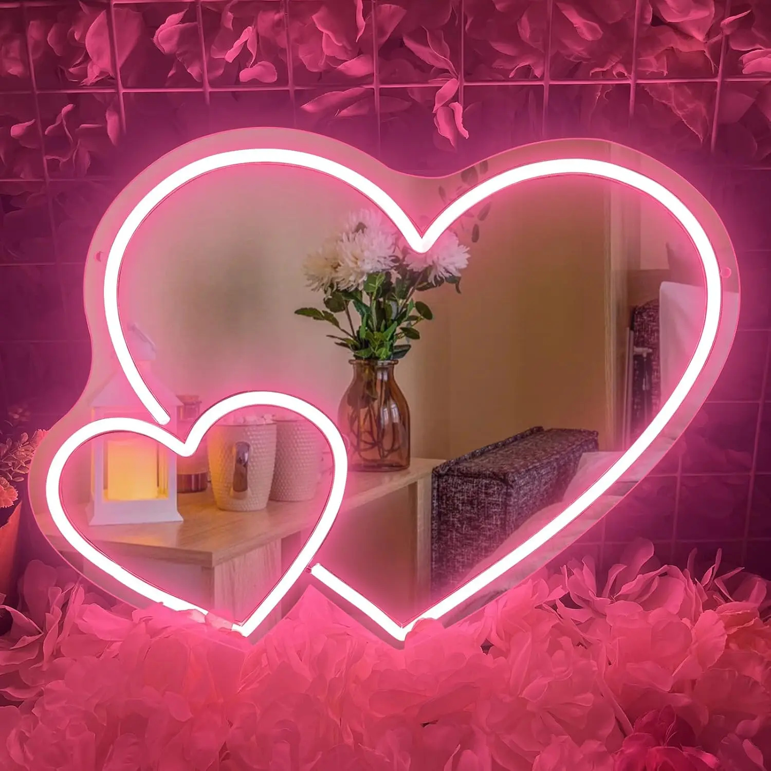 Lampu Neon Hati Cermin Dapat Diredupkan Lampu Neon Cinta untuk Kamar Tidur Kamar Anak Perempuan Pesta Ulang Tahun Studio Toko Cermin Rias Anak Dekorasi Dinding