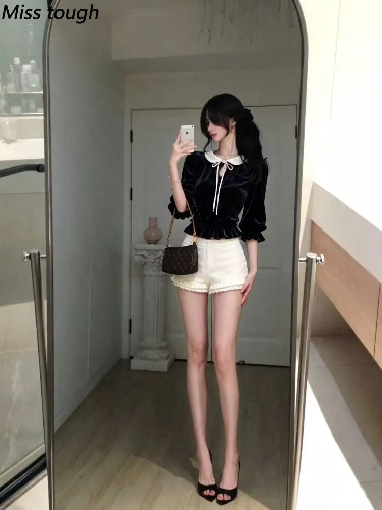 French Coquette Kawaii 2 Piece Set Women Velvet Bowknot Ruffle Tops + High Waist Shorts Slim Fit Elegant Daily Lolita Y2k Outfit