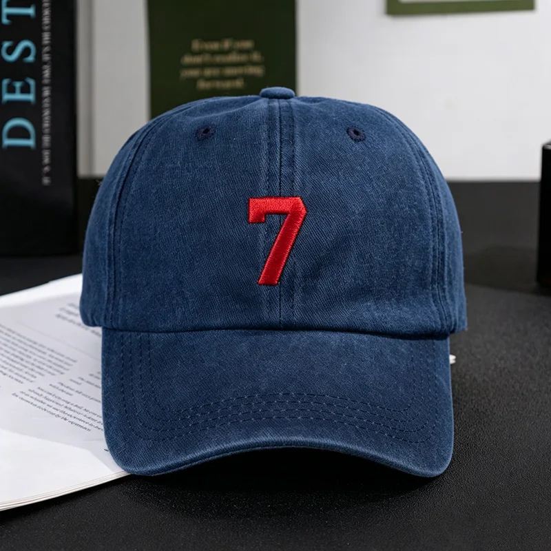 Number 7 Embroidery Washed Cotton Baseball Cap Minimalist Unisex Face Flattering Hat Four Seasons For Outdoor Sports Daily Wear