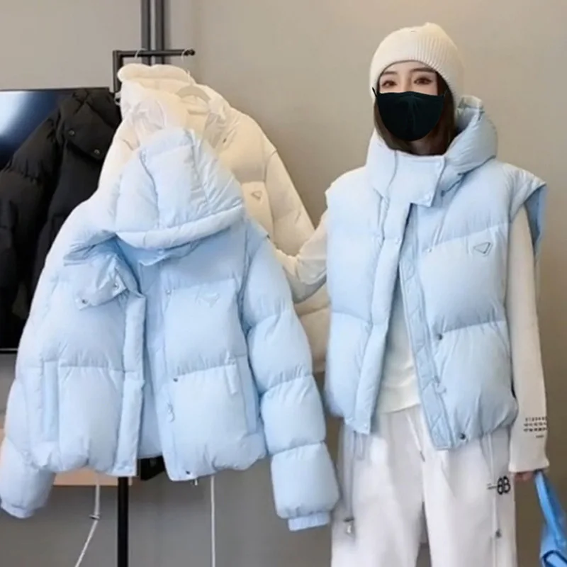 Casaco de pato branco para mulheres, puffer estilo curto, jaquetas femininas, manga comprida com capuz, zíper, parka solta sólida, jaqueta feminina