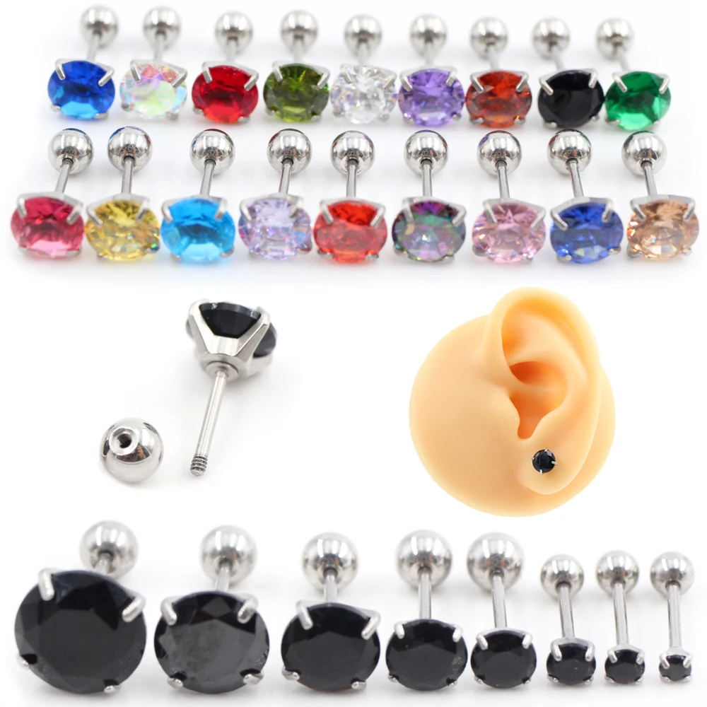 2 Pieces Unisex Women Men Round Ball Cubic Zirconia Stainless Steel Ear Stud Earrings Helix Tragus Cartilage Piercing Jewelry