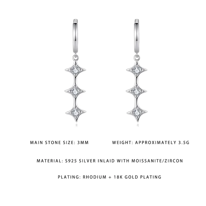 

3.5G Lightweight Triple Star Drop Earrings 18K Gold Plated S925 Silver for Women