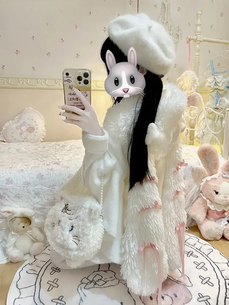 

Winter Extra Large Rabbit Ear Hooded Cute Short Cape Coat New Sweet Girls Bow Single-Breasted Versatile White Cloak Ponchos