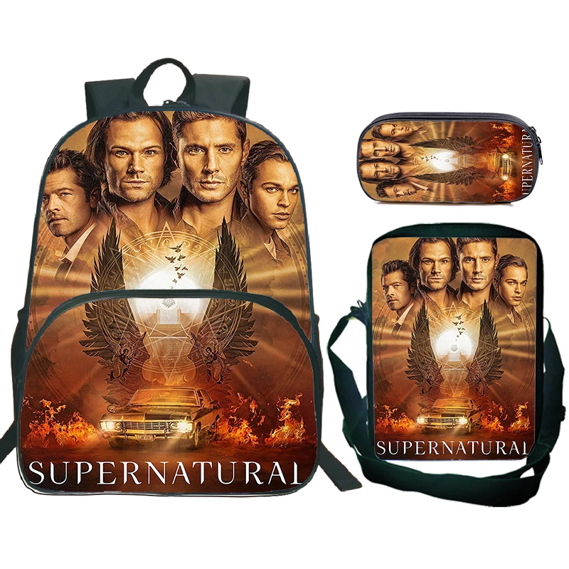 مجموعة من 3 قطع حقيبة ظهر للأطفال SPN خارقة للطبيعة مع حقائب كتف، مقلمة حقائب مدرسية خارقة للطبيعة للبنين والبنات أفضل هدية