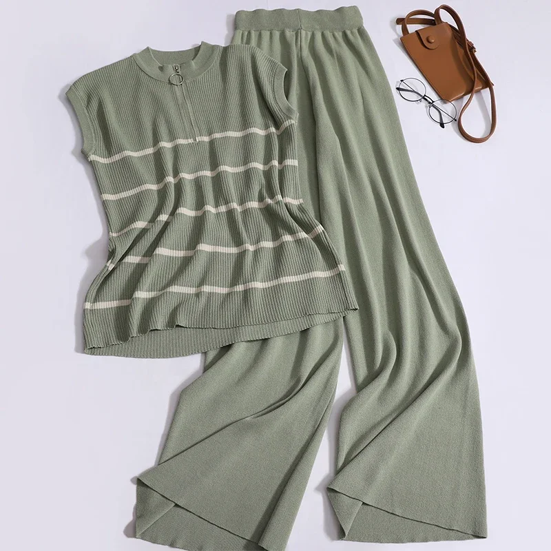 

Korean Summer Half Zip Striped Knitted Waistcoat Solid Color High Waist Wide Leg Pants Elegant Casual Two-piece Set for Women