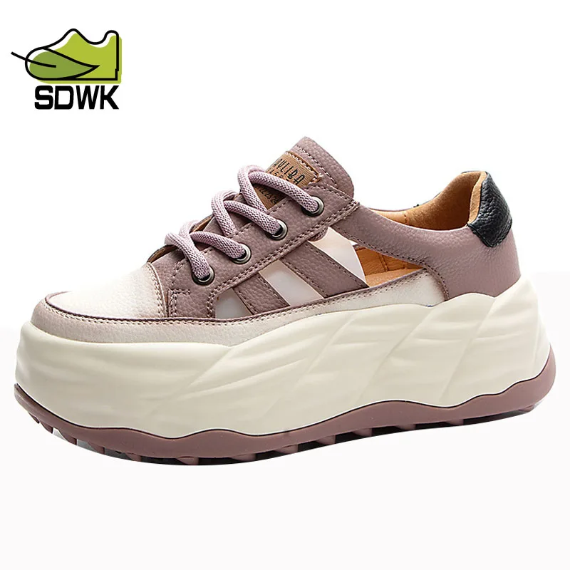 

SDWK Women High Platform Shoes Chunky Sneakers Mesh Casual Ladies Genuine Leather Woman Fashion Thick Soled Flat Sneakers