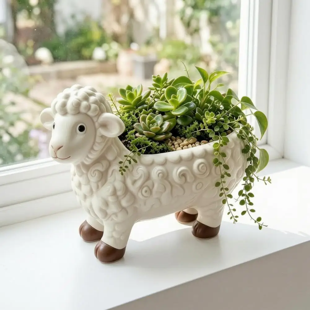Curly Sheep Planter Pot Resin Cute Lamb Flower Pot Decorative Animal Plant Pot for Succulents Cacti Home Outdoor Decoration