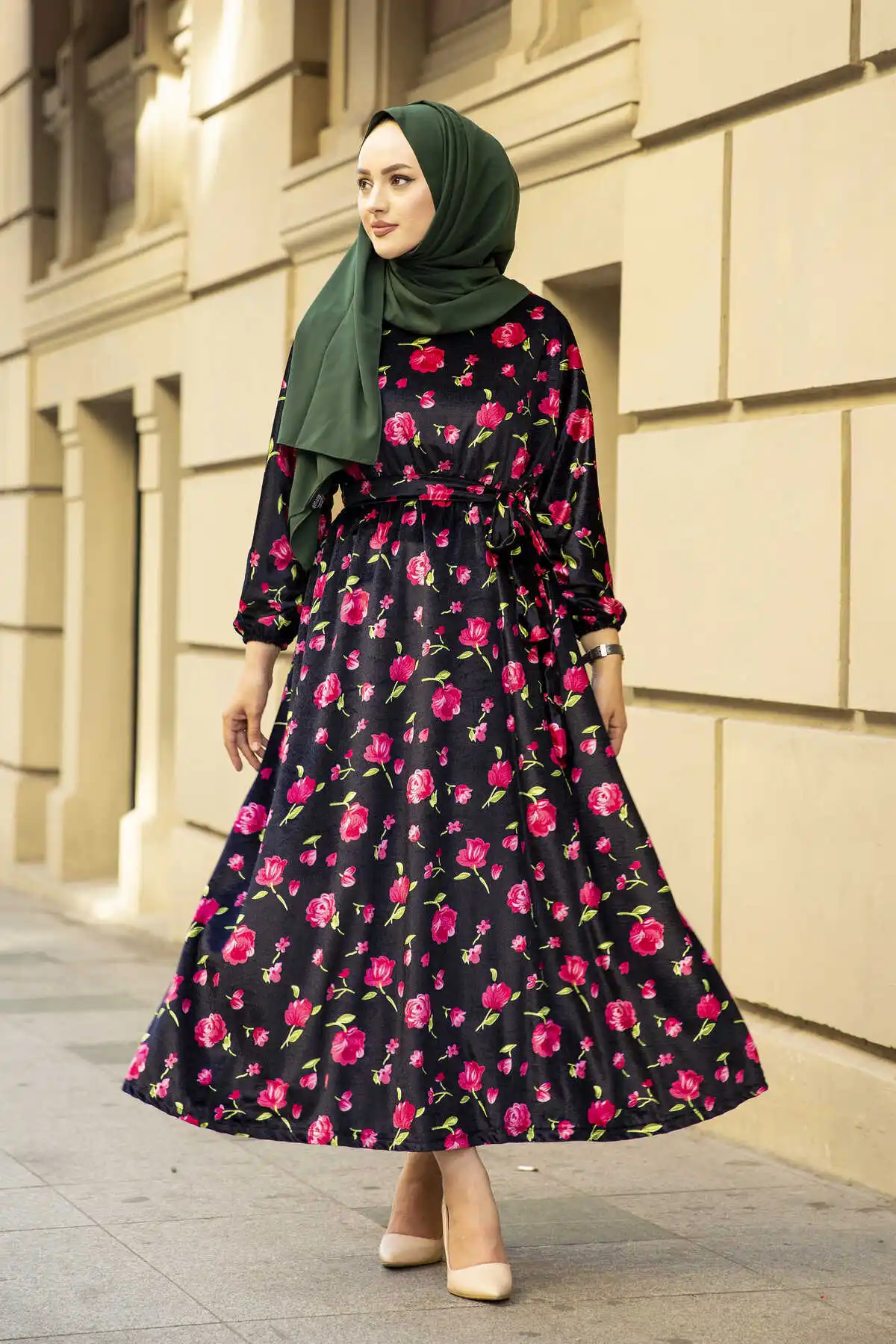 Floral veludo bat manga vestido padrão inverno outono 2021 muçulmano mulheres hijab lenço islâmico turquia