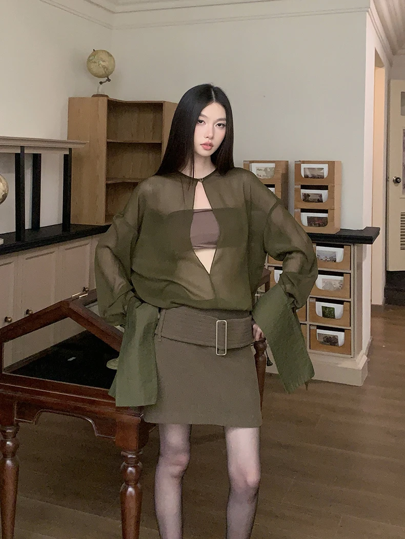 CHEERART otoño 2025 moda blusa verde de manga larga para mujer diseñador transparente elegante Top y blusas señoras ropa de otoño