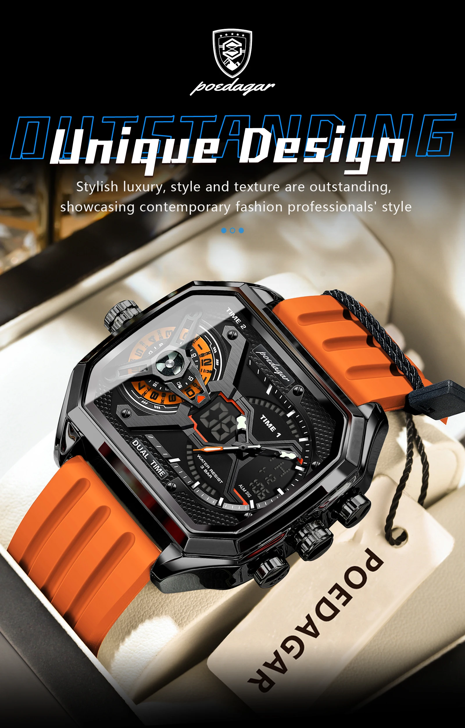 POEDAGAR Sport Männer Armbanduhren Datum Woche Leuchtende LED Mode Mann Uhr Silikon Armband Elektronische Dual Time Quarz herren Uhr – Detail 15