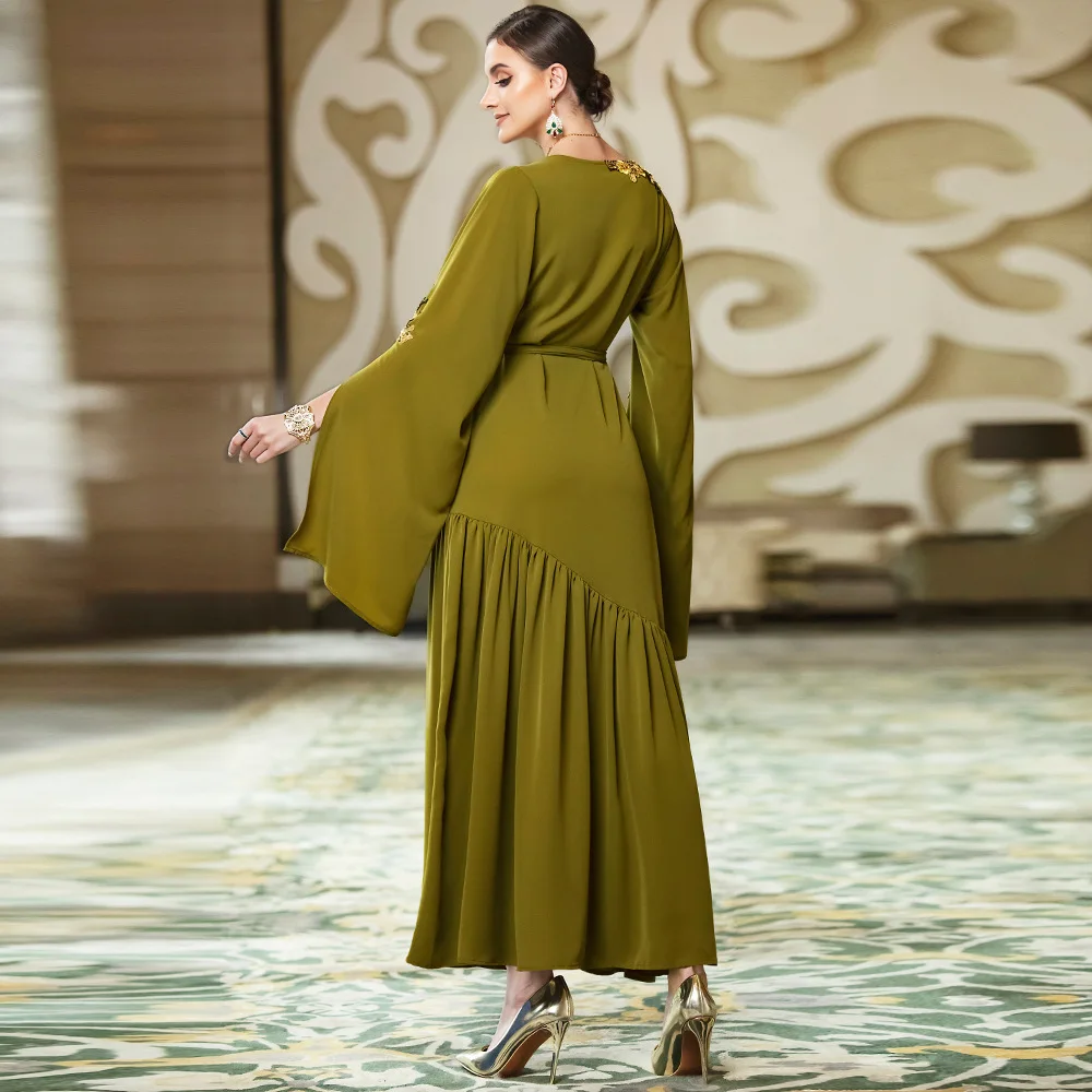 BA3048 New Military Green Extra Long Swing Sleeve Embroidered Decal Dress Dubai Dress