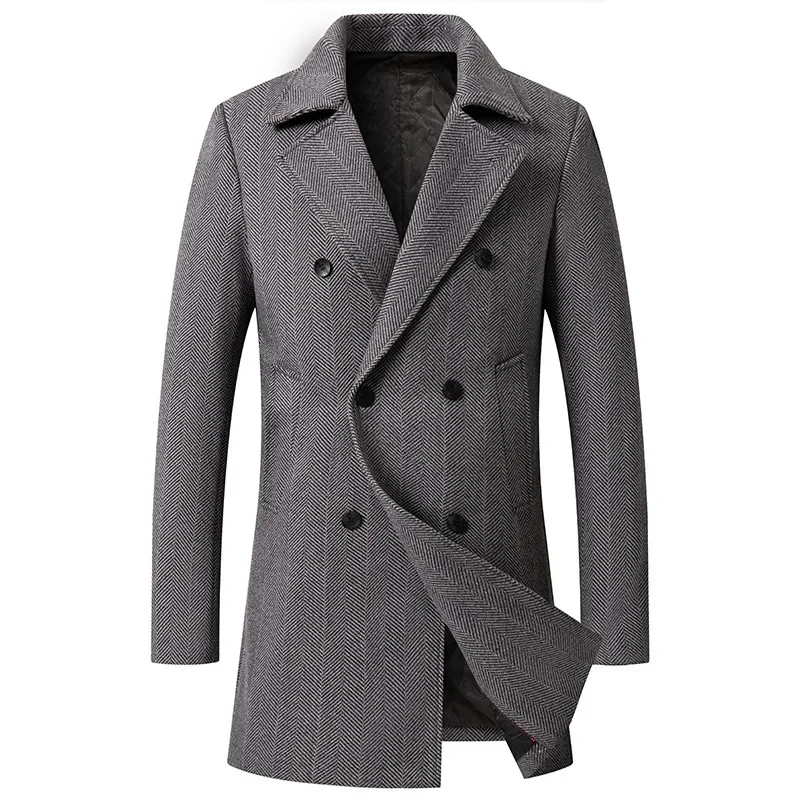 New 2024 Men's Double Breasted Wool Coat Simple Mid-length Trench Men Business Casual Woolen Jacket Male Warm Windbreak Overcoat