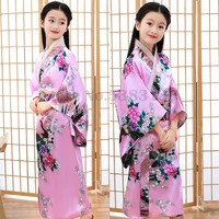 Kimono japonés de satén para niñas, novedad de lujo, vestido Yukata, bata estampada con Obi, disfraz de actuación para niños, ropa tradicional asiática