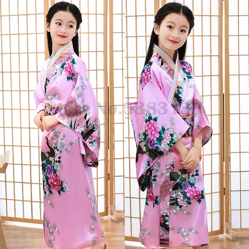Kimono japonés de satén para niñas, novedad de lujo, vestido Yukata, bata estampada con Obi, disfraz de actuación para niños, ropa tradicional asiática