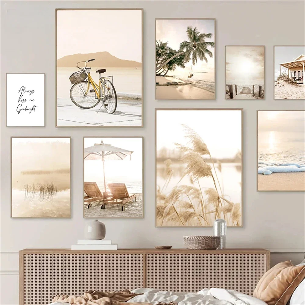 Beige Scenery Beach Canvas Prints Reed PosterPainting  Coconut Tree Wall Art Print Bridge Bike Nordic Wall Pictures Home Decor