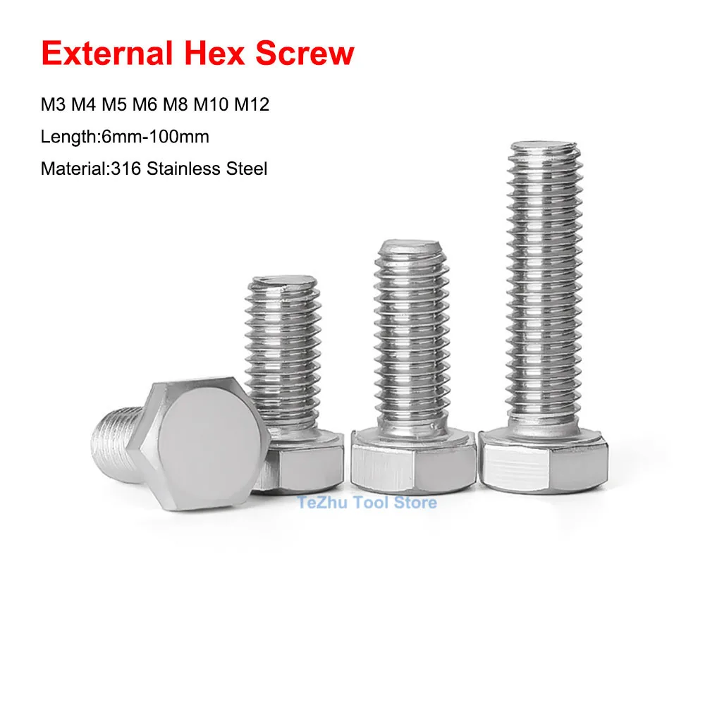 A4 316 Stainless Steel External Hex Screw M3 M4 M5 M6 M8 M10 M12 Hexagon Shape Screw Bolt Length 6mm-100mm