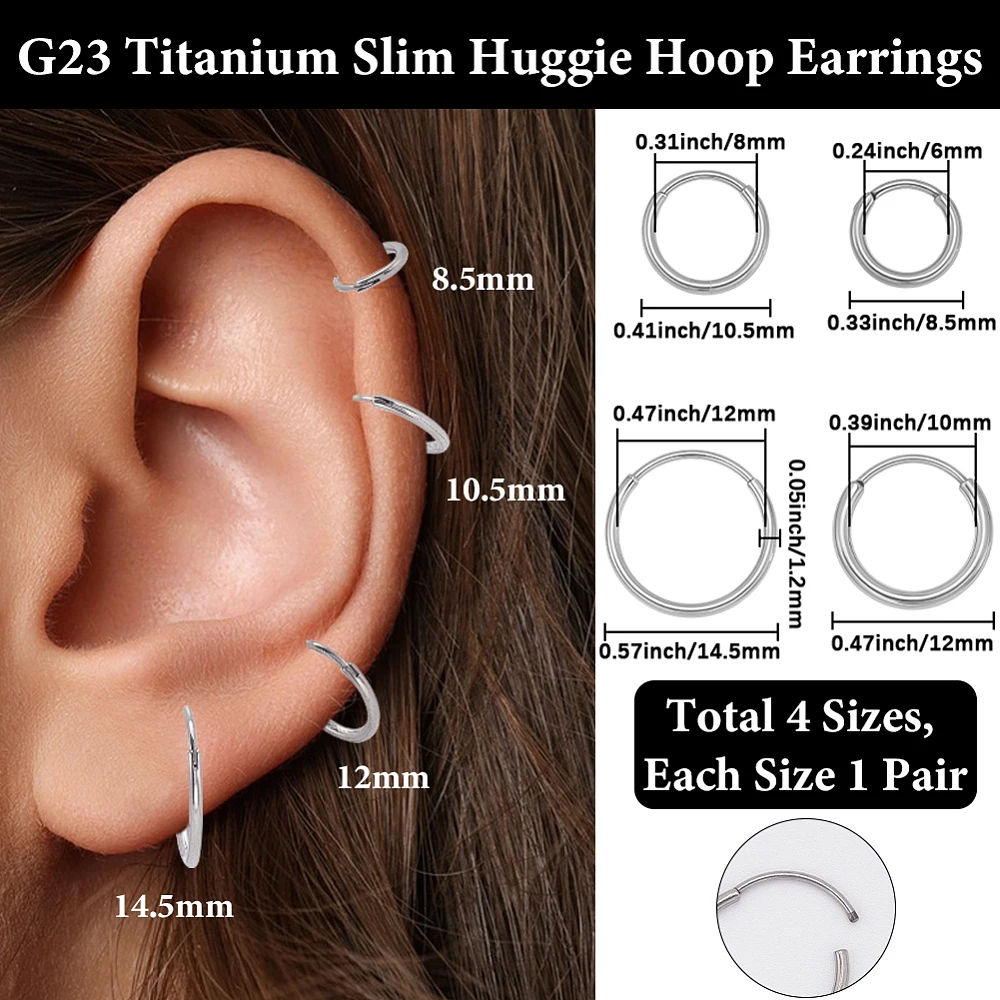 8Pcs 4 Sizes Titanium Hoop Earrings 8.5/10.5/12/14.5mm F136 Implant Grade Pure Titanium Huggie Thin Earring for Sensitive Skin