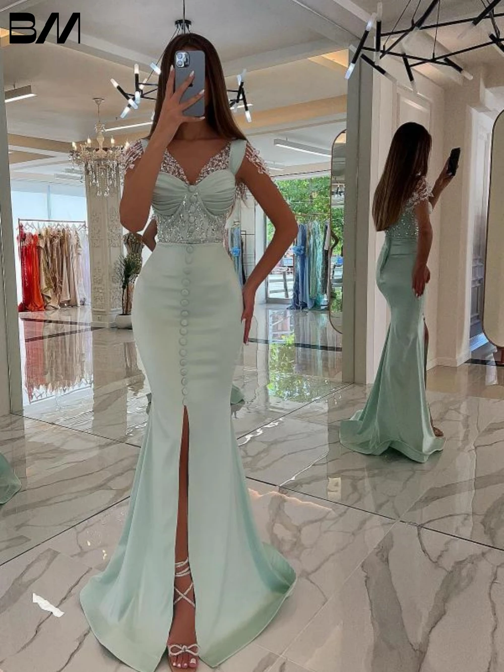 Graceful V-neck Evening Dresses Shiny Satin Crystals Mermaid Prom Gown Classic Floor-length Bride Customized Vestidos De Novia