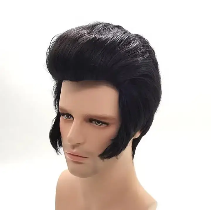 QQXCAIW New! Men's Rock singers Elvis Cosplay Wig Elvis Black Heat Resistant Synthetic Hair Party wig