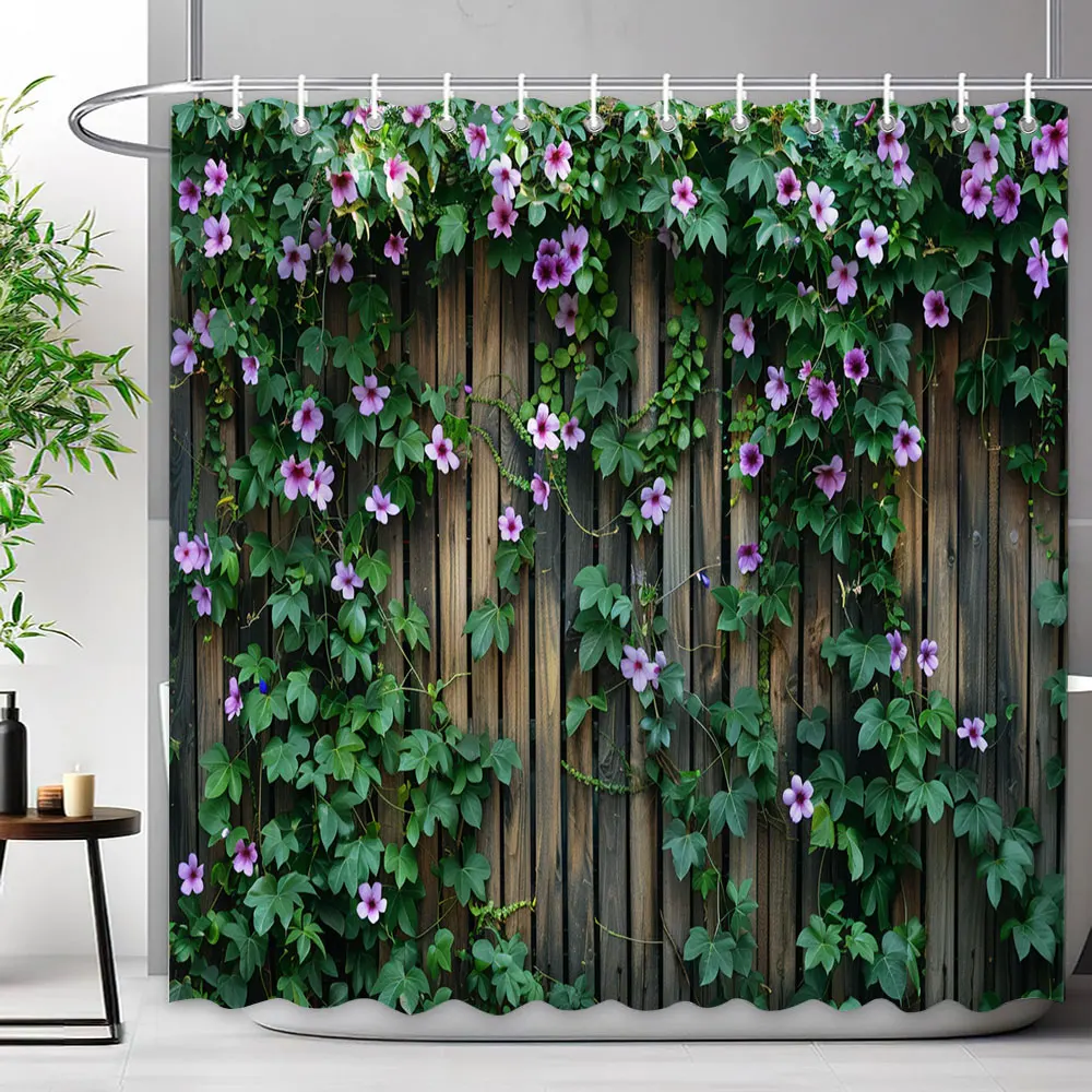 Rustic Rustic Wooden Panel Garden Wall Shower Curtain Green Plant Leaf Enclosure Fence Polyester Shower Curtains Bathroom Decor