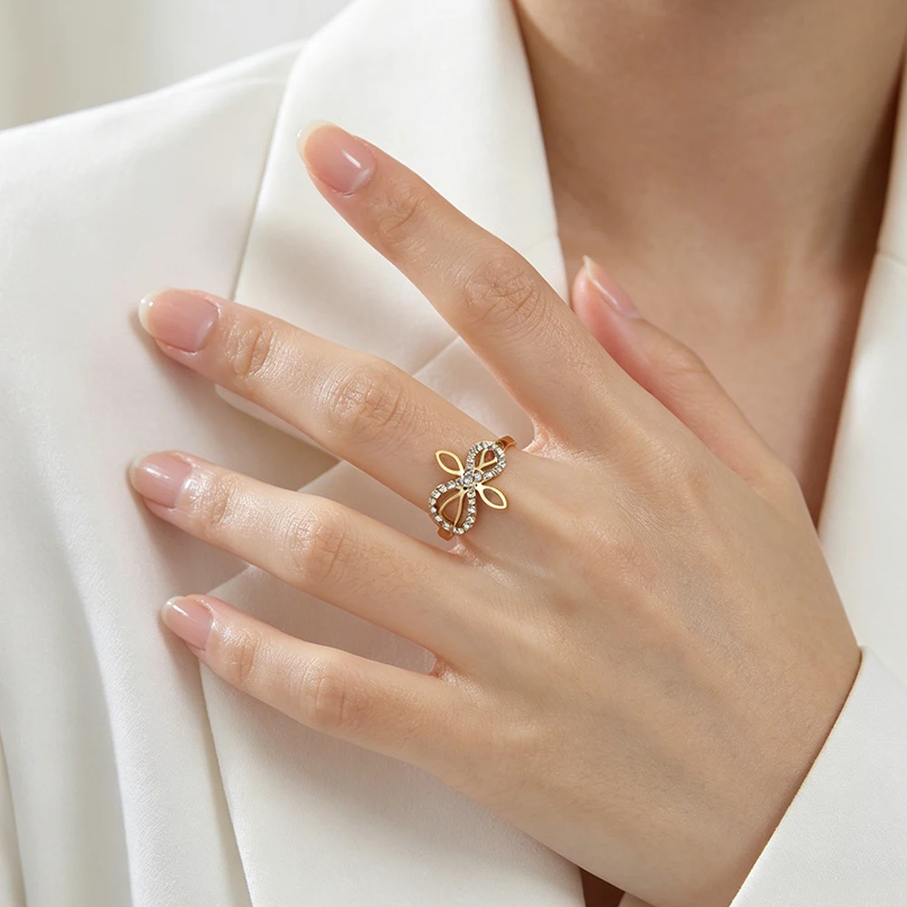 Infinity Knot Ring for Women Adjustable Ring Stainless Steel Hollow Point Drill Crystal Finger Ring Irish Eternal Symbol Jewelry