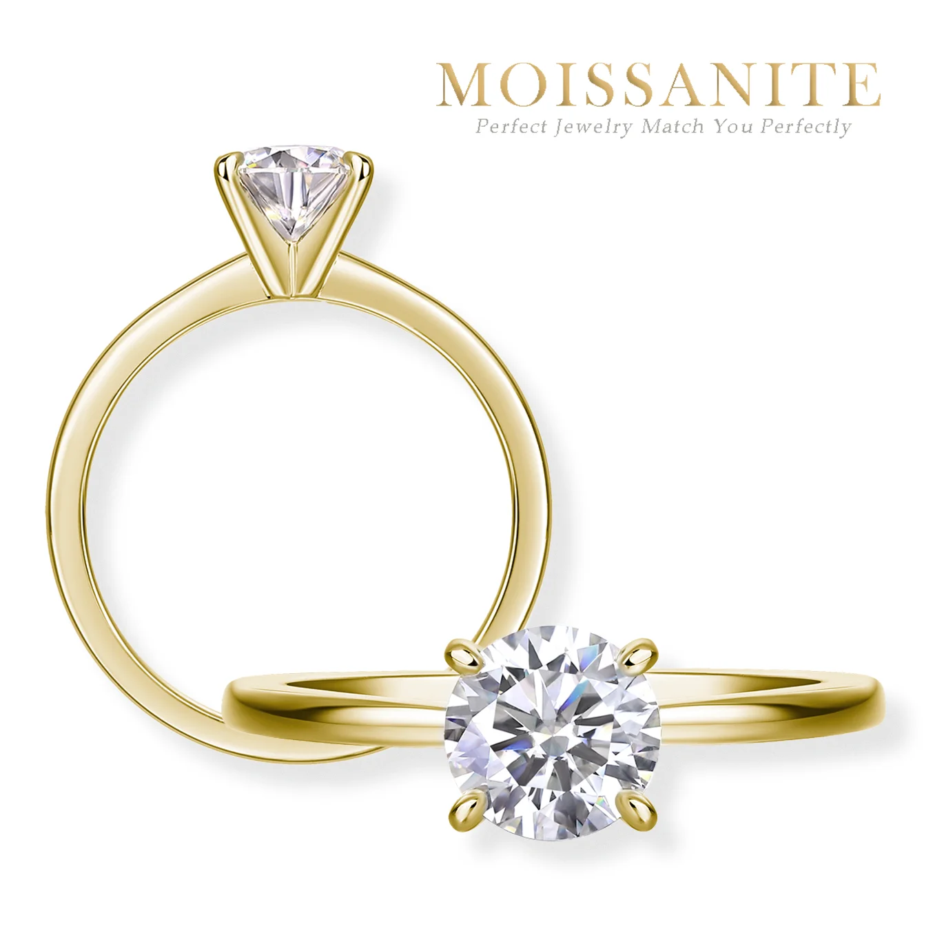 1-3 Carat Moissanite 4-Prong Solitaire Ring - S925 Sterling Silver Gold-Plated, Perfect for Engagement or Anniversary