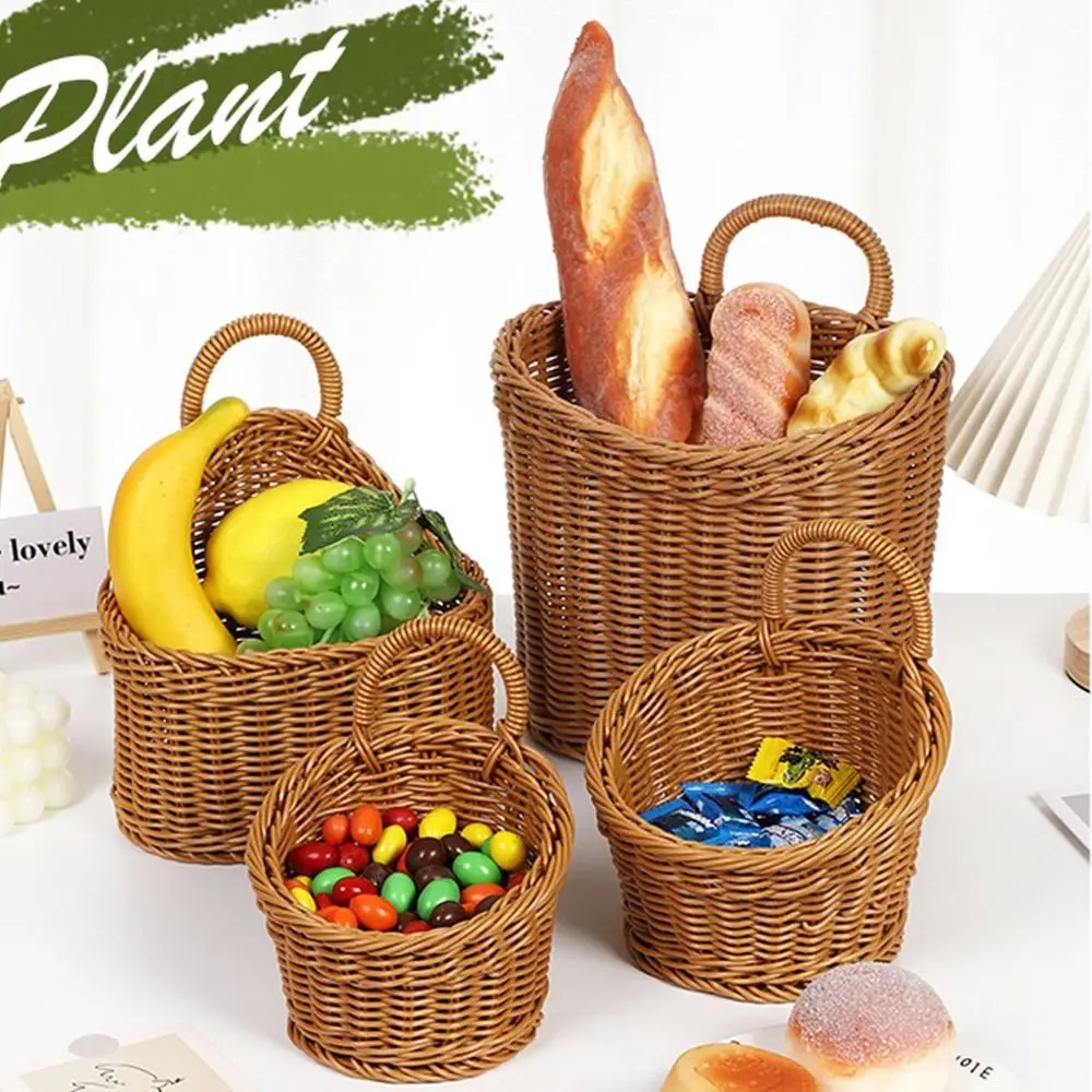 Imitation Rattan Kitchen Storage Basket Home Decoration with Handle Hand-woven Hanging Baskets Vegetable Fruit Flower Brown