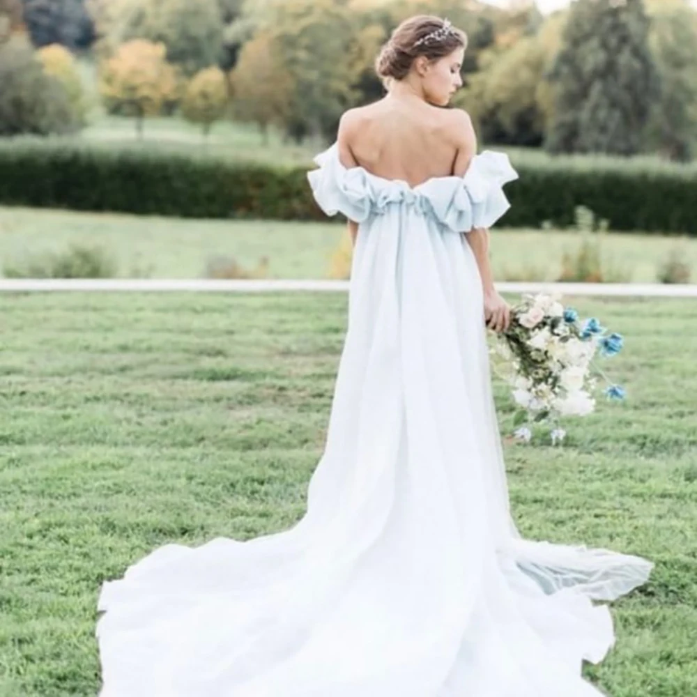 Rijk Taille Off Shoulder Chiffon Wedding Moederschap Jurk Pick-Ups Transparante Hoge Split Lange Eenvoudige Fotografie Bruidsjurken