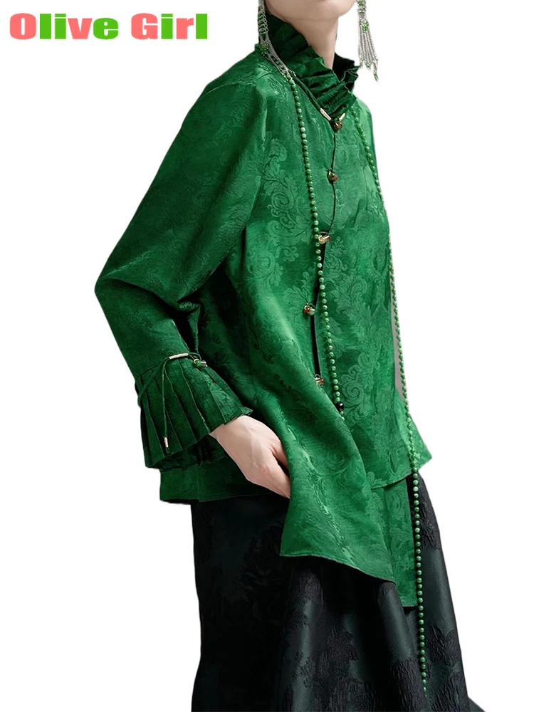 2025 グリーンシャツトップ ジャカード生地 エレガント 高級 花びら袖 中国伝統衣装 レディースブラウスシャツ 女性用