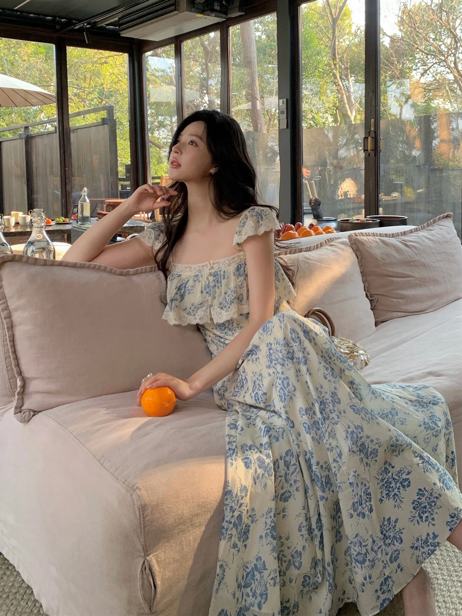 

Style Polka Dot Lace Floral Print Square Collar Long Dress Vintage High Waist Short Sleeve Women's Dress City Commute
