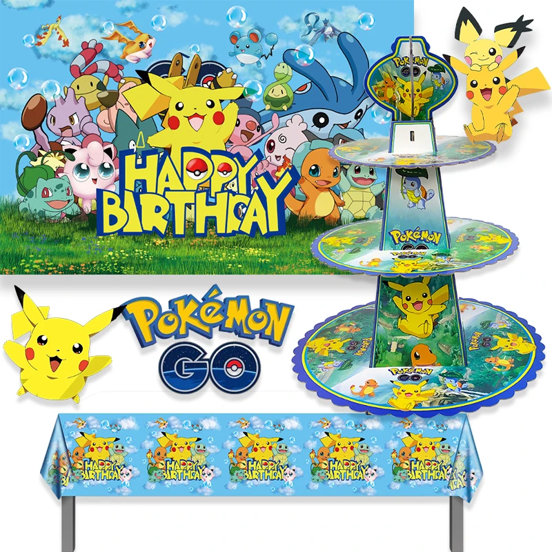 Pokemon Pikachu bambini festa di compleanno decorazione carta alzata per torta a tre livelli Muffin Rack sfondo tovaglie di stoffa Set regalo