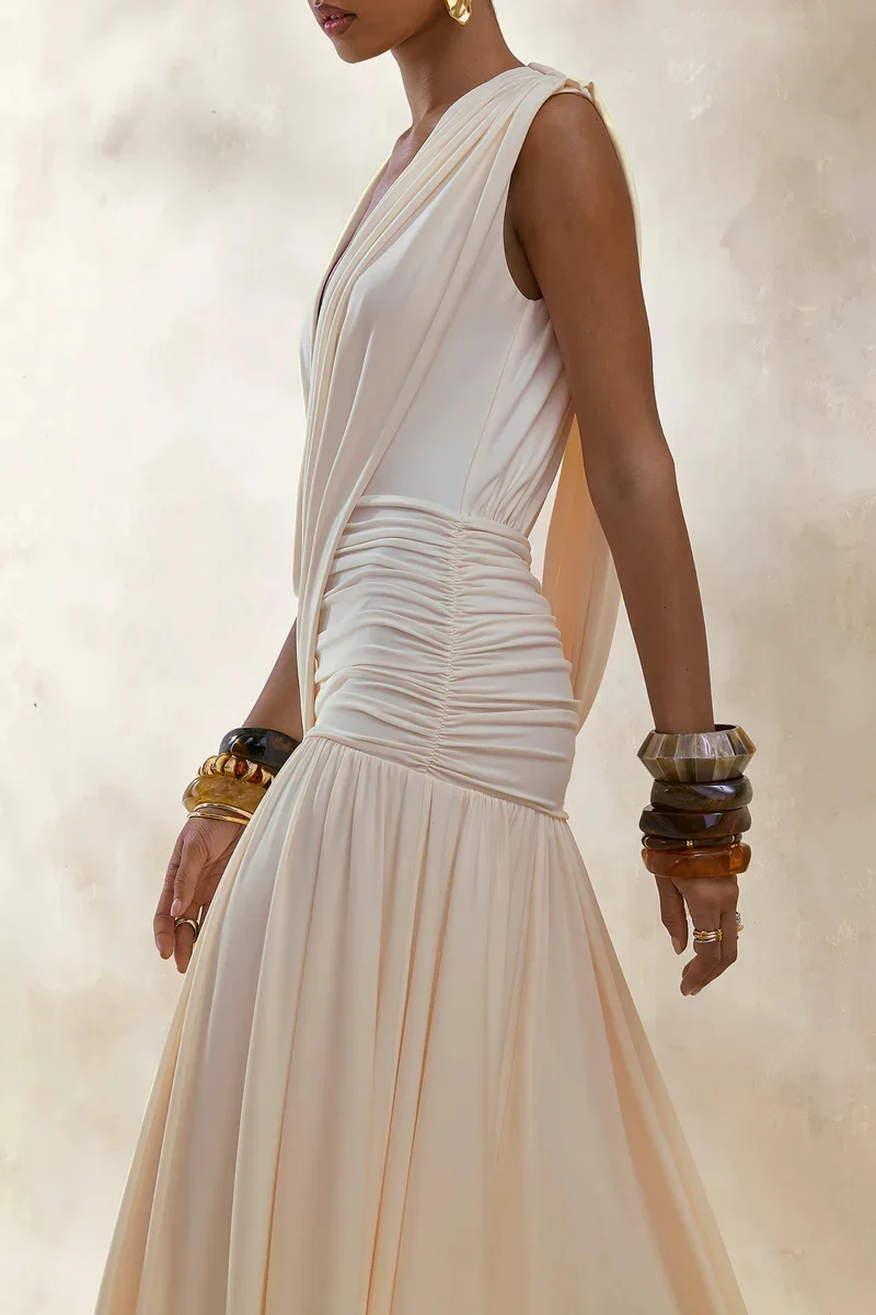 Mozision Elegant Deep V Neck Sexy Maxi Dress Women Fashion Sleeveless Draped Ruched Waist Bodycon Club Party Long Dresses Female